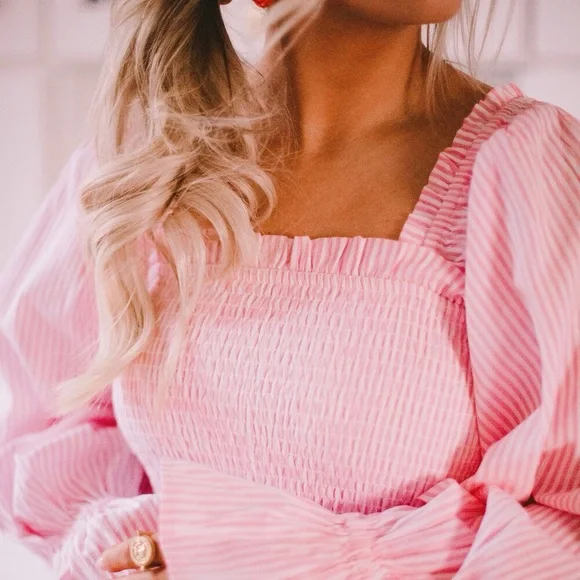 Elizabeth Wilson Designs Striped Square Neck Maxi Dress Pink White Size XS - Picture 2 of 7